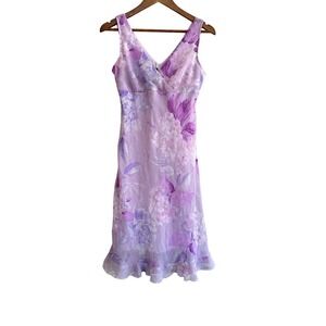 Vintage 90s Purple Hydrangea Floral Midi Dress Lettuce Hem Dainty Feminine